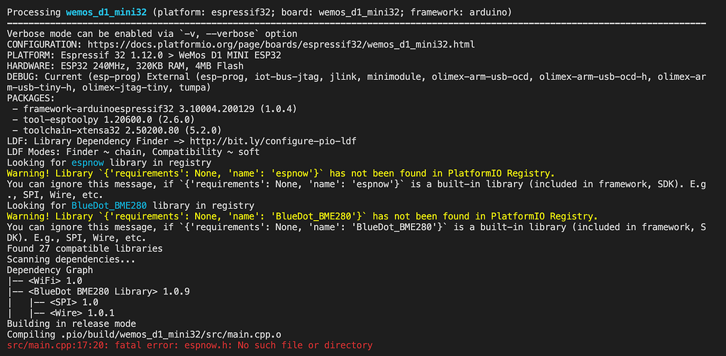 Espnow.h not found for D1 Mini - PlatformIO IDE - PlatformIO Community
