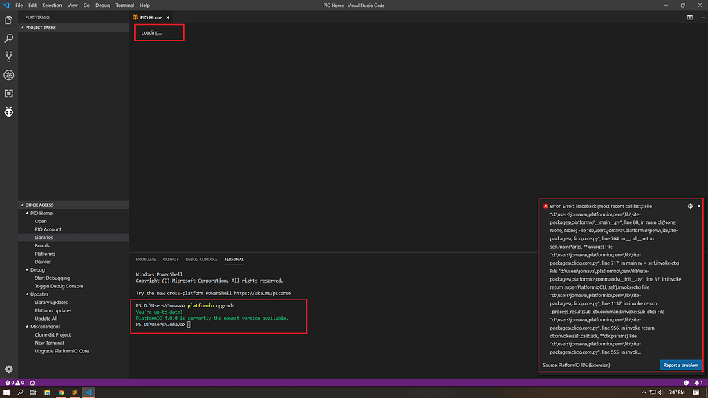 PIO hangs at Loading - PlatformIO IDE - PlatformIO Community