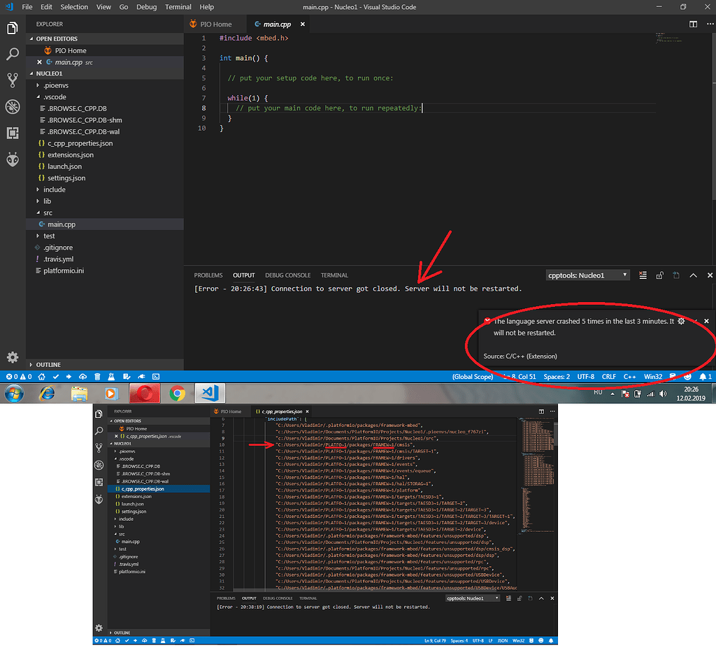 Help me please. Connection to server got closed - PlatformIO IDE ...