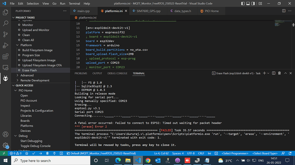 How to erase flash of esp32 platformio community