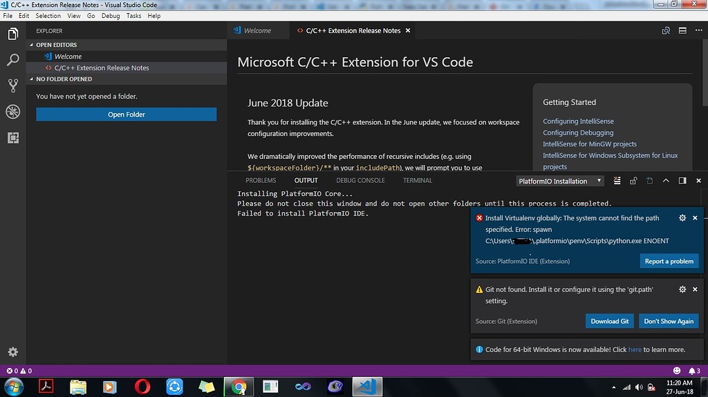 Failed to install platformio on vscode platformio community