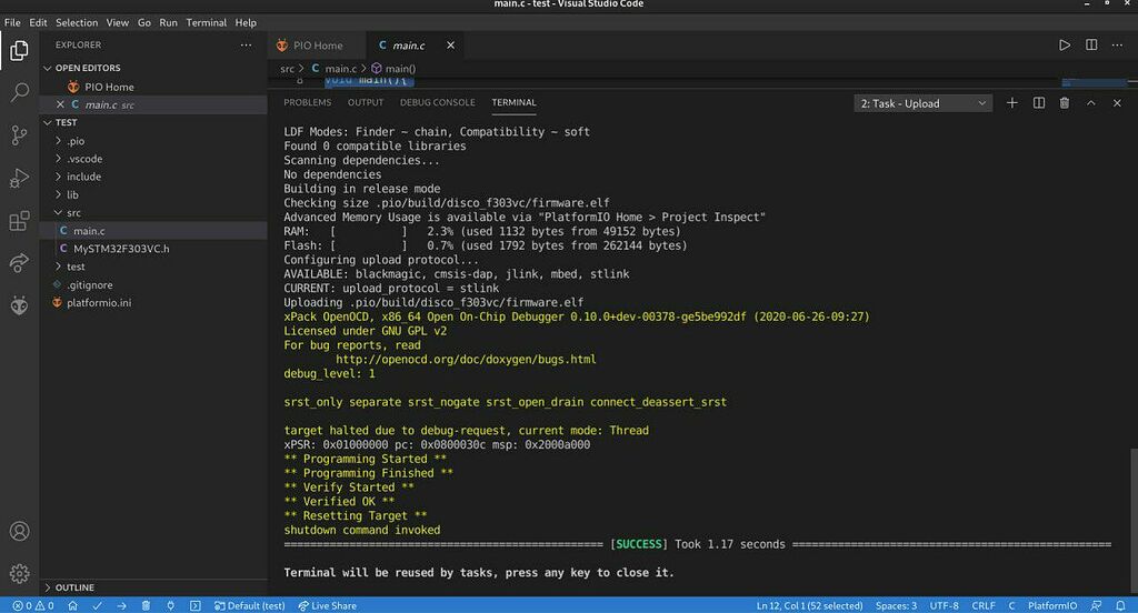 Firmware loaded successfully, but not working on stm32 - vscode ...