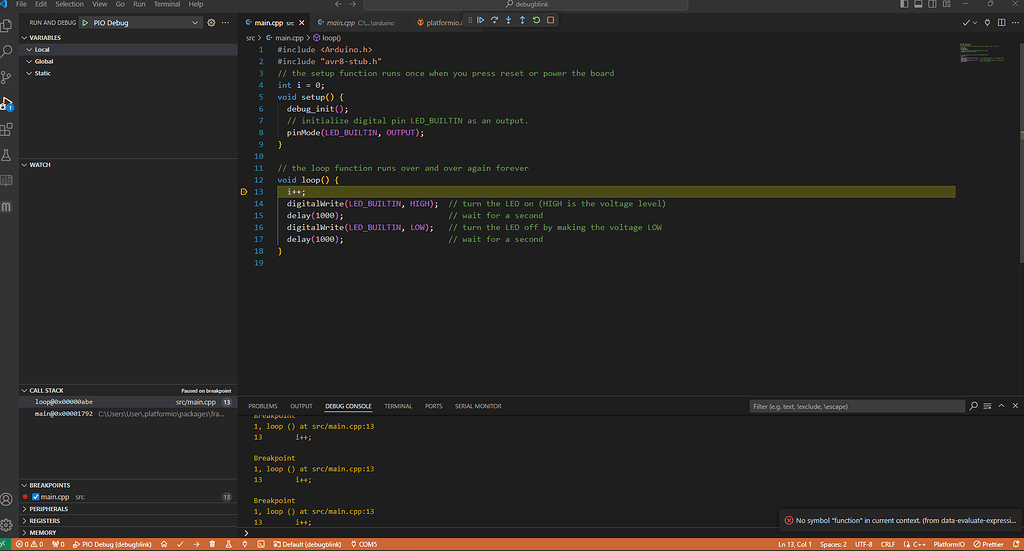 Debug MEGA2560 cant see variable values when break point is reached ...