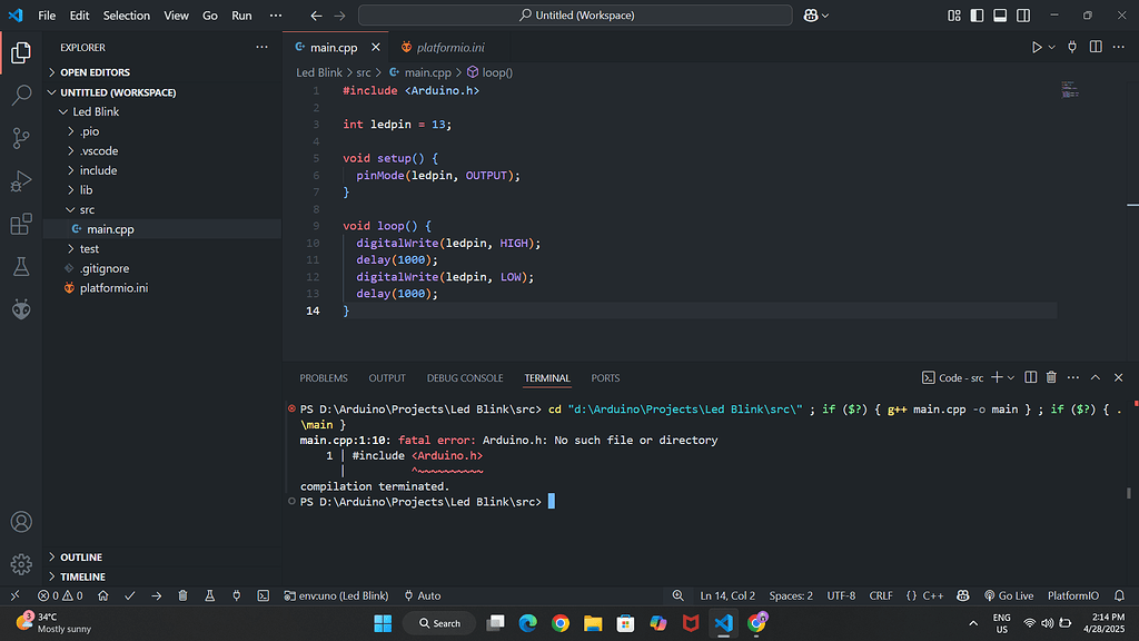 Main.cpp:1:10: fatal error: Arduino.h: No such file or directory ...