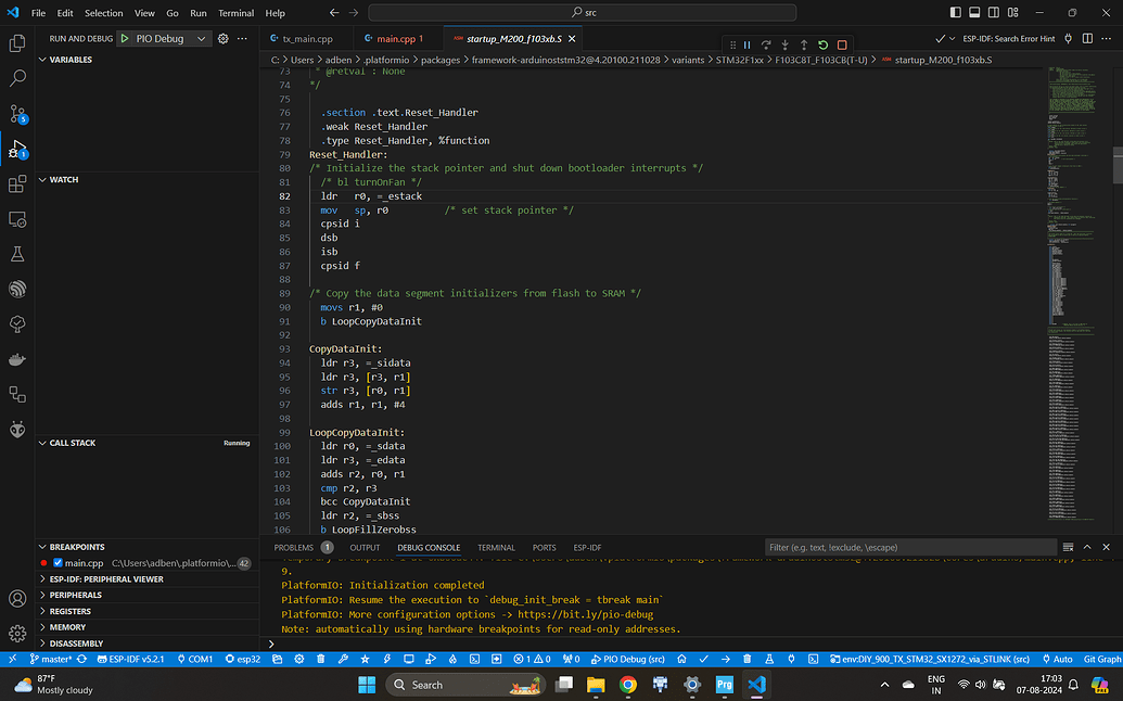 Not entering into main.cpp during debug session in stm32 - Debugging ...